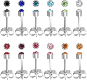 Stainless Steel Ear Piercing Stud Earrings for Piercing Guns Gold Plated Surgical Steel Round CZ Birthstone Stud Earrings Set 12 Pairs