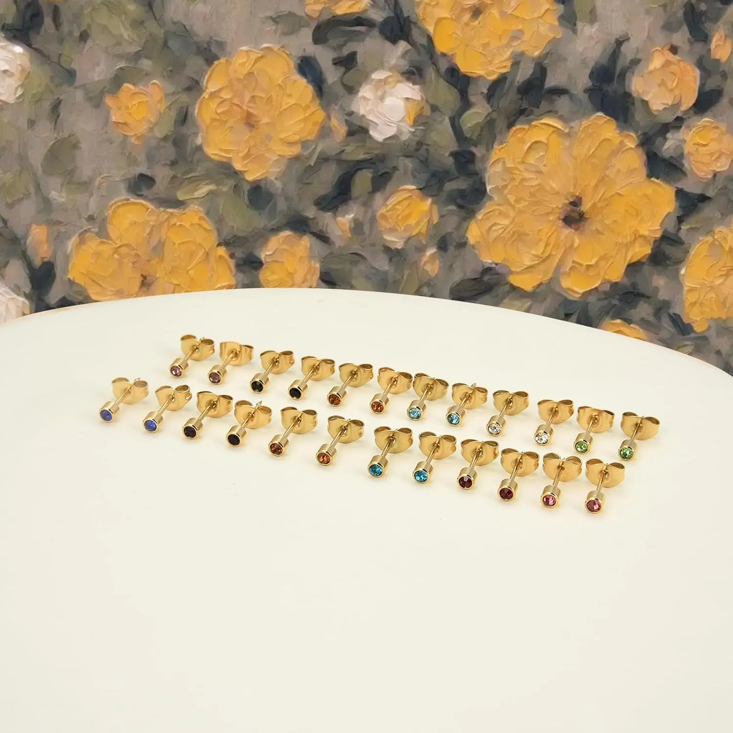 Stainless Steel Ear Piercing Stud Earrings for Piercing Guns Gold Plated Surgical Steel Round CZ Birthstone Stud Earrings Set 12 Pairs