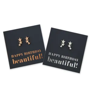 Stainless Steel Earring Studs - Happy Birthday Beautiful - HANGING STARS