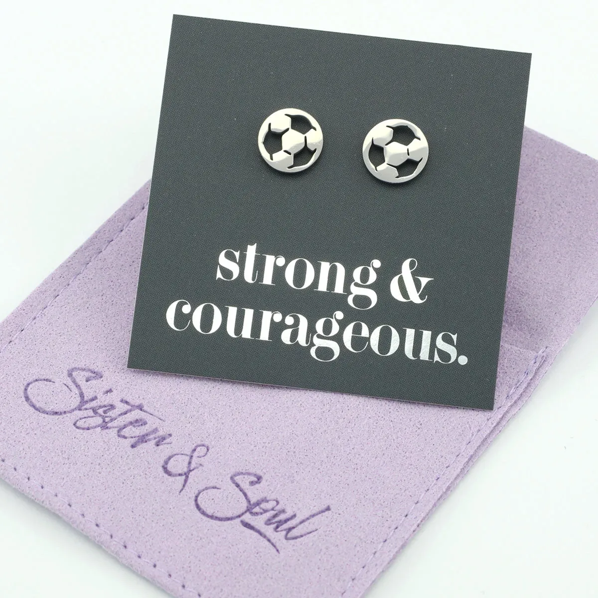 Stainless Steel Earring Studs - Strong & Courageous - SOCCER BALLS