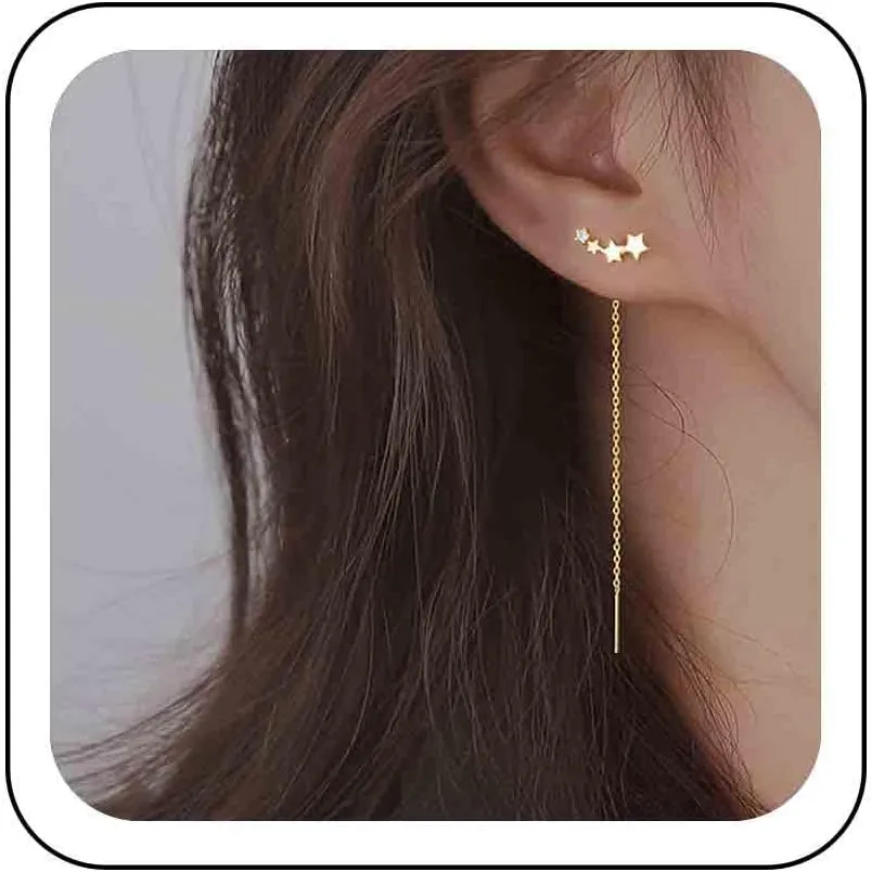 Star Threader Chain Earrings Crystal Star Ear Climber Earrings Long Threader Chain Drop Earrings Gold Bar Threader Dangle Earrings Jewelry for Women