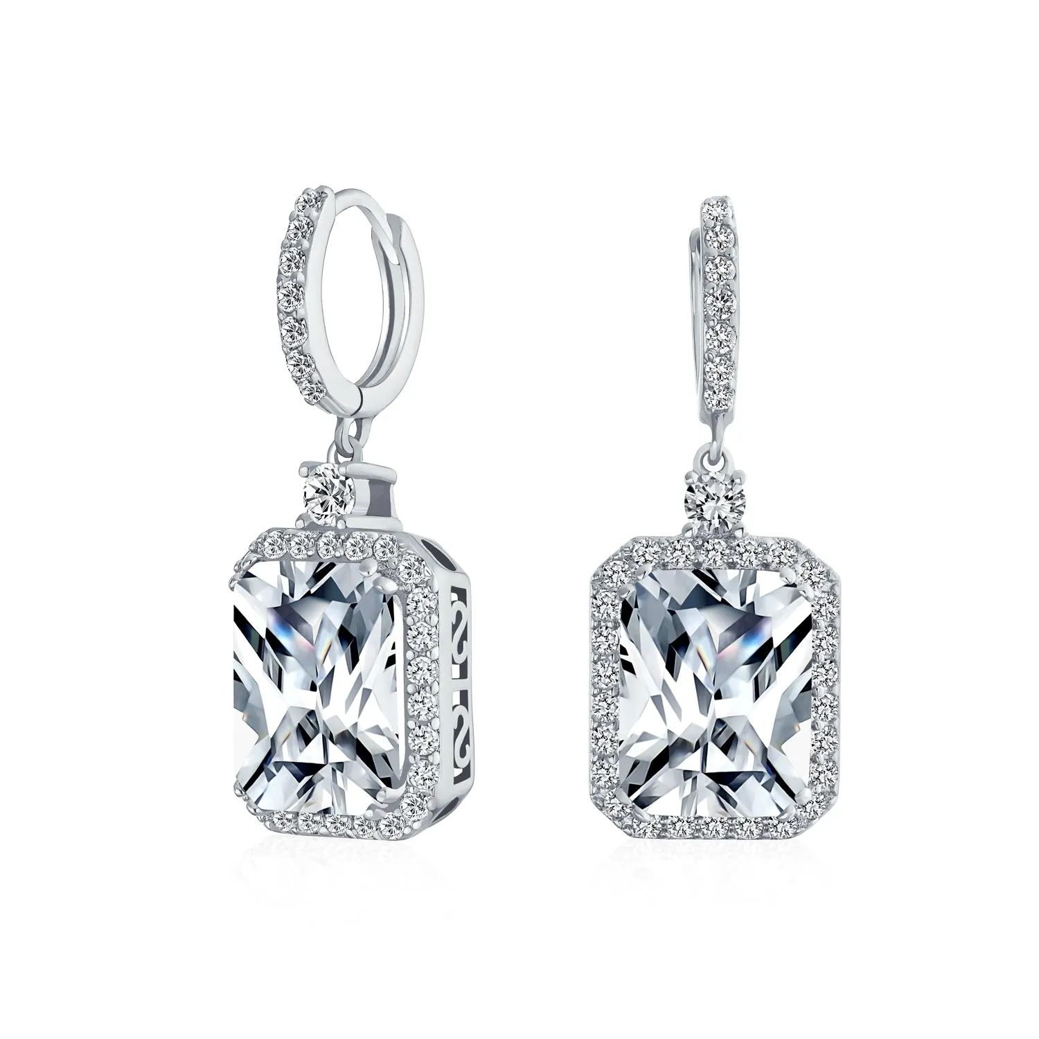 Statement Fashion Emerald Cut CZ Halo Dangle Chandelier Earrings GoldSilver