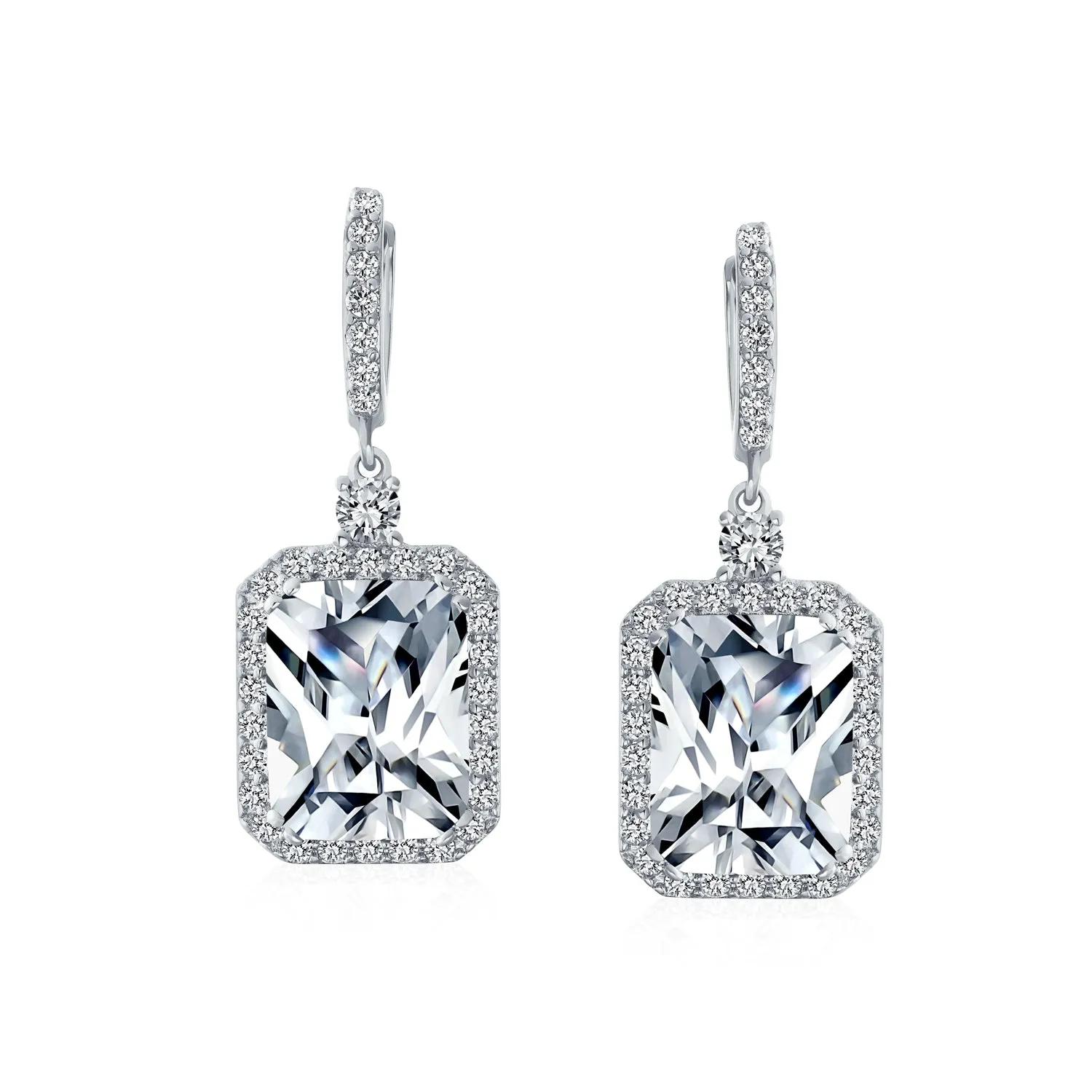 Statement Fashion Emerald Cut CZ Halo Dangle Chandelier Earrings GoldSilver