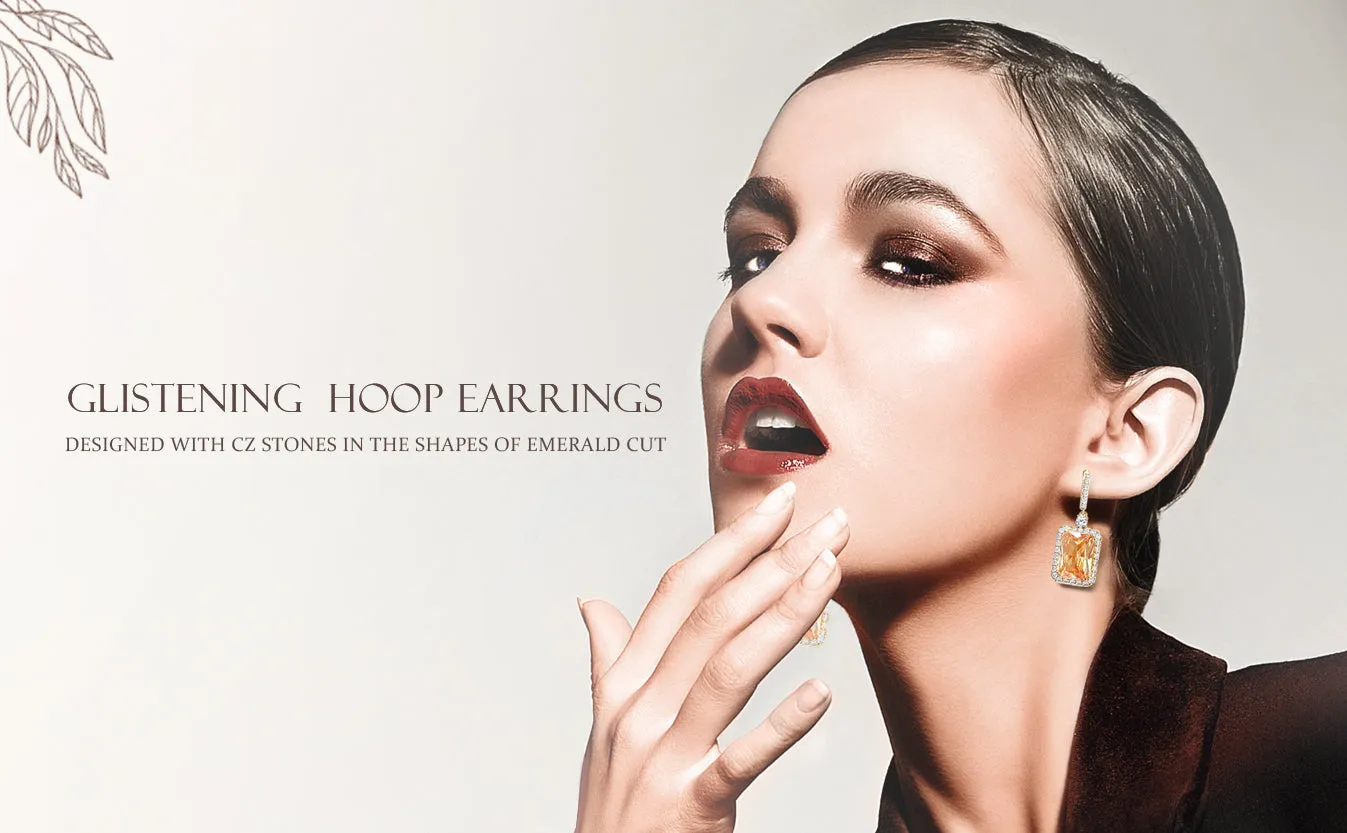 Statement Fashion Emerald Cut CZ Halo Dangle Chandelier Earrings GoldSilver