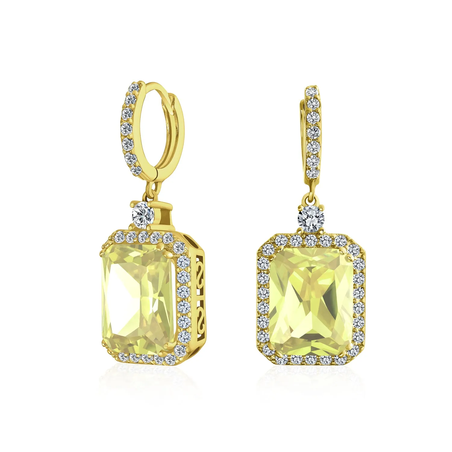 Statement Fashion Emerald Cut CZ Halo Dangle Chandelier Earrings GoldSilver