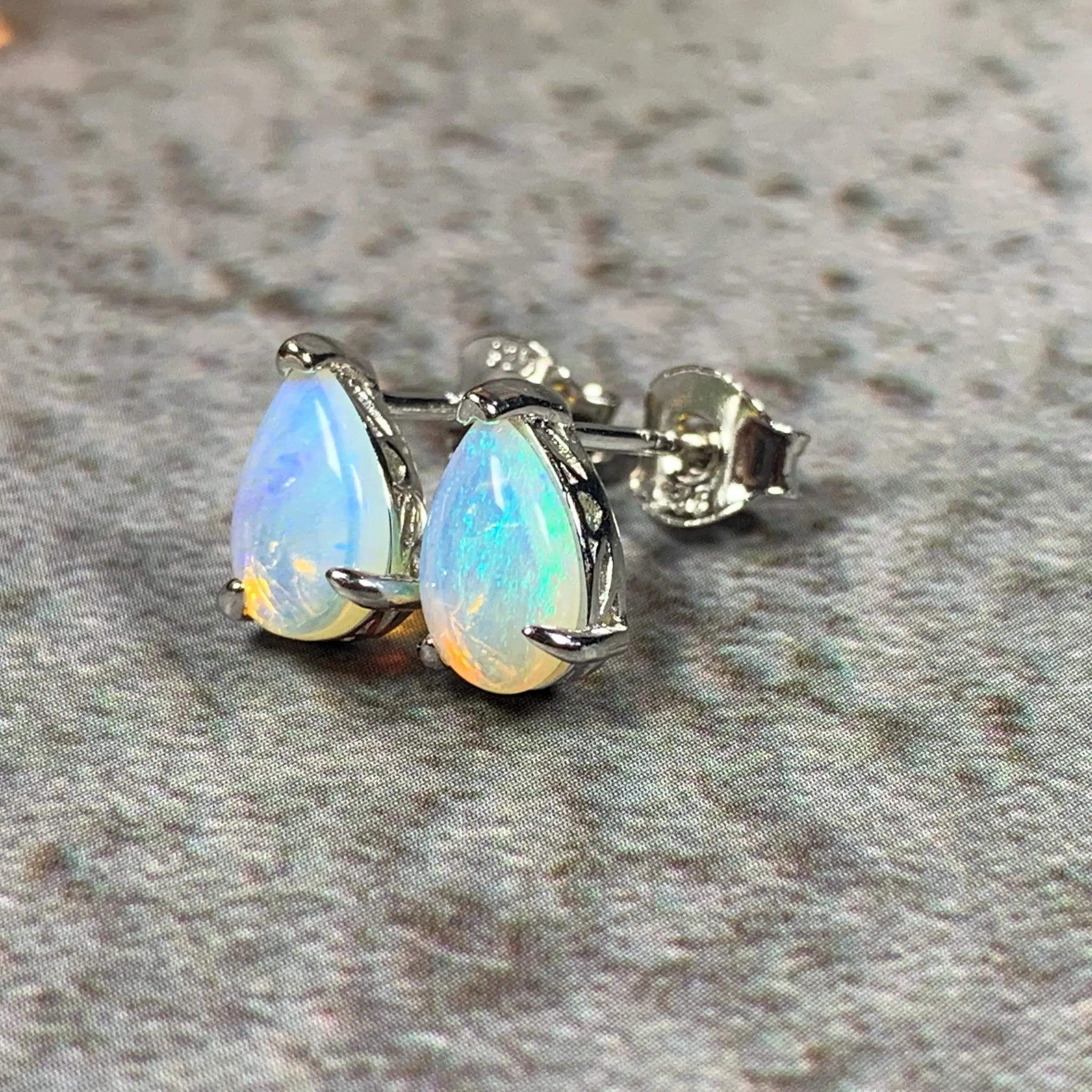 Sterling Silver 8x5mm Pearshape White Opal studs
