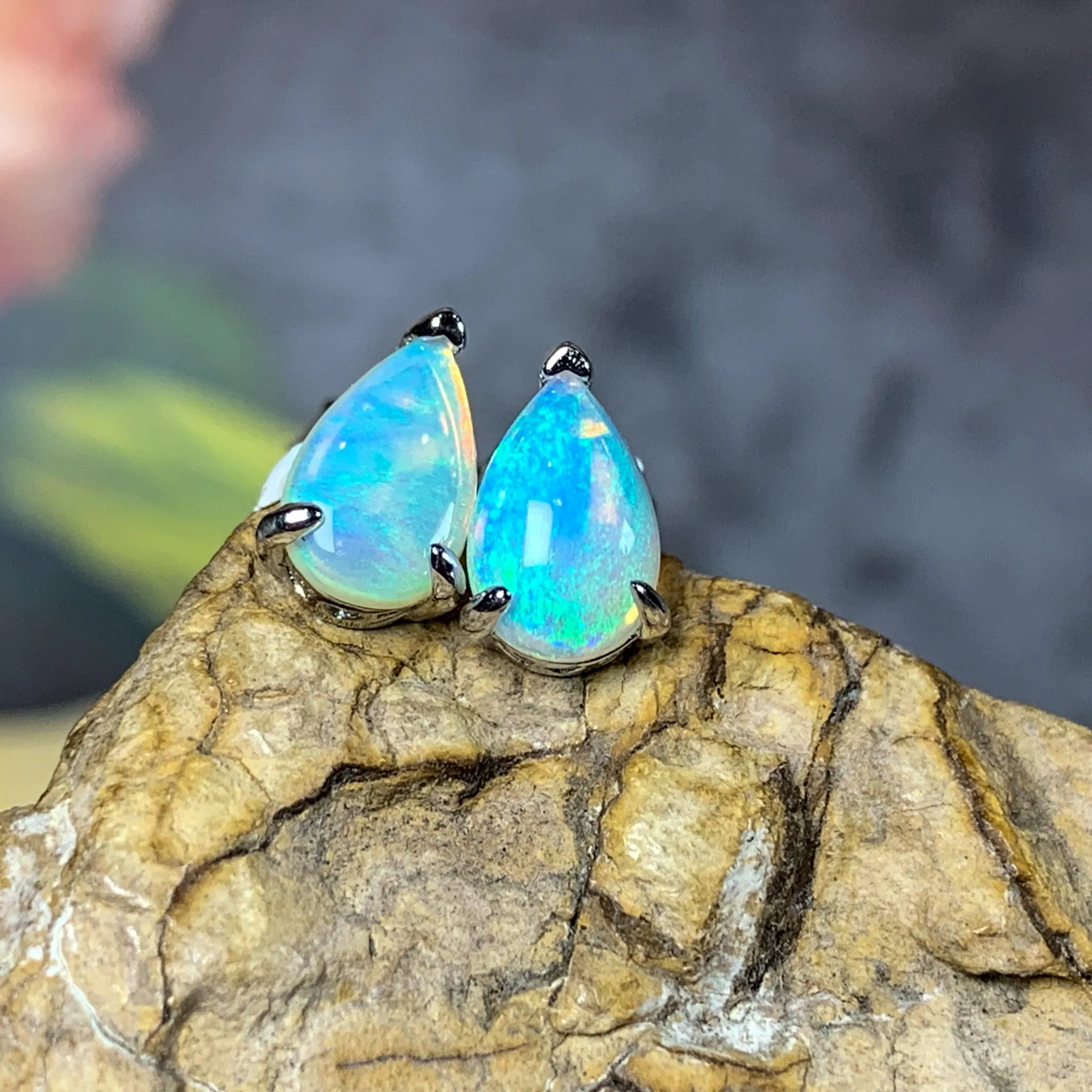 Sterling Silver 8x5mm Pearshape White Opal studs