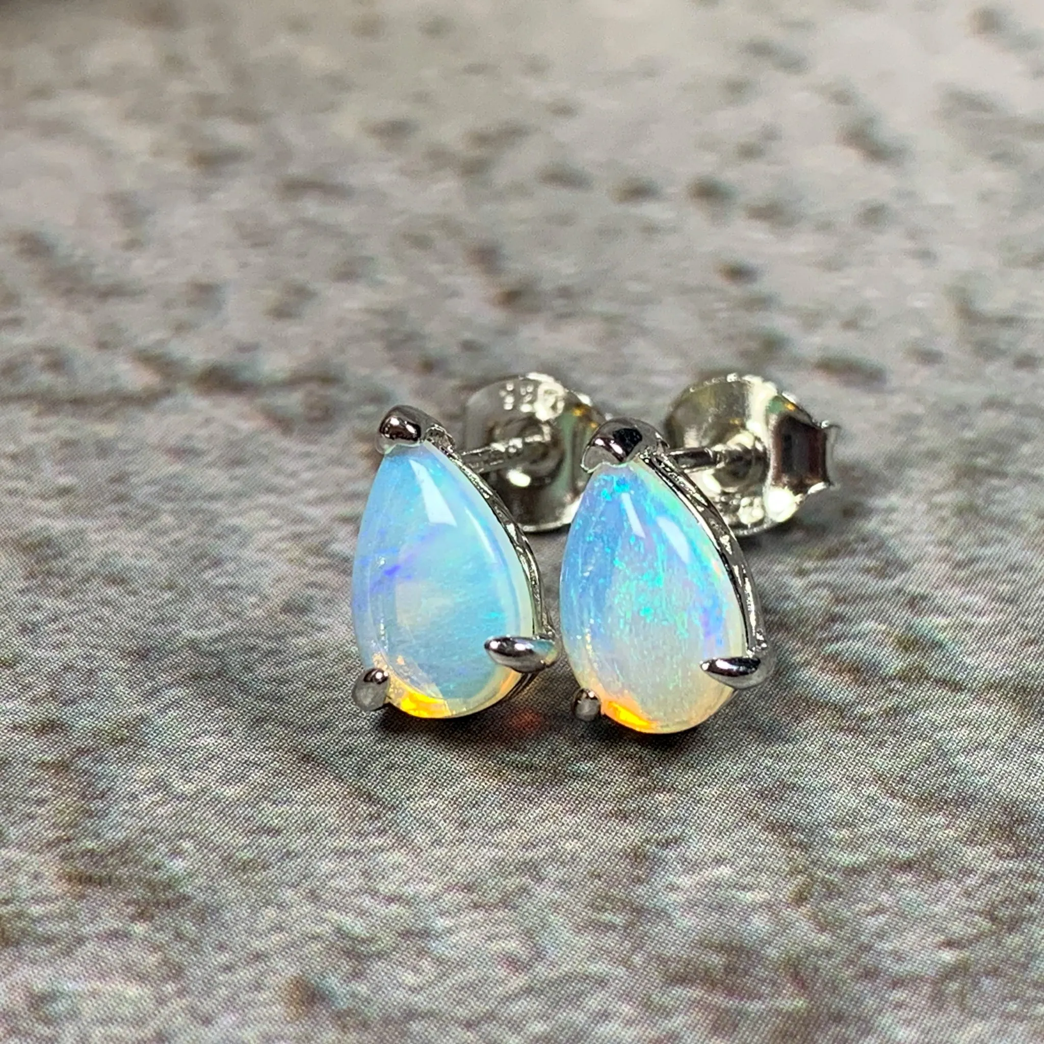 Sterling Silver 8x5mm Pearshape White Opal studs
