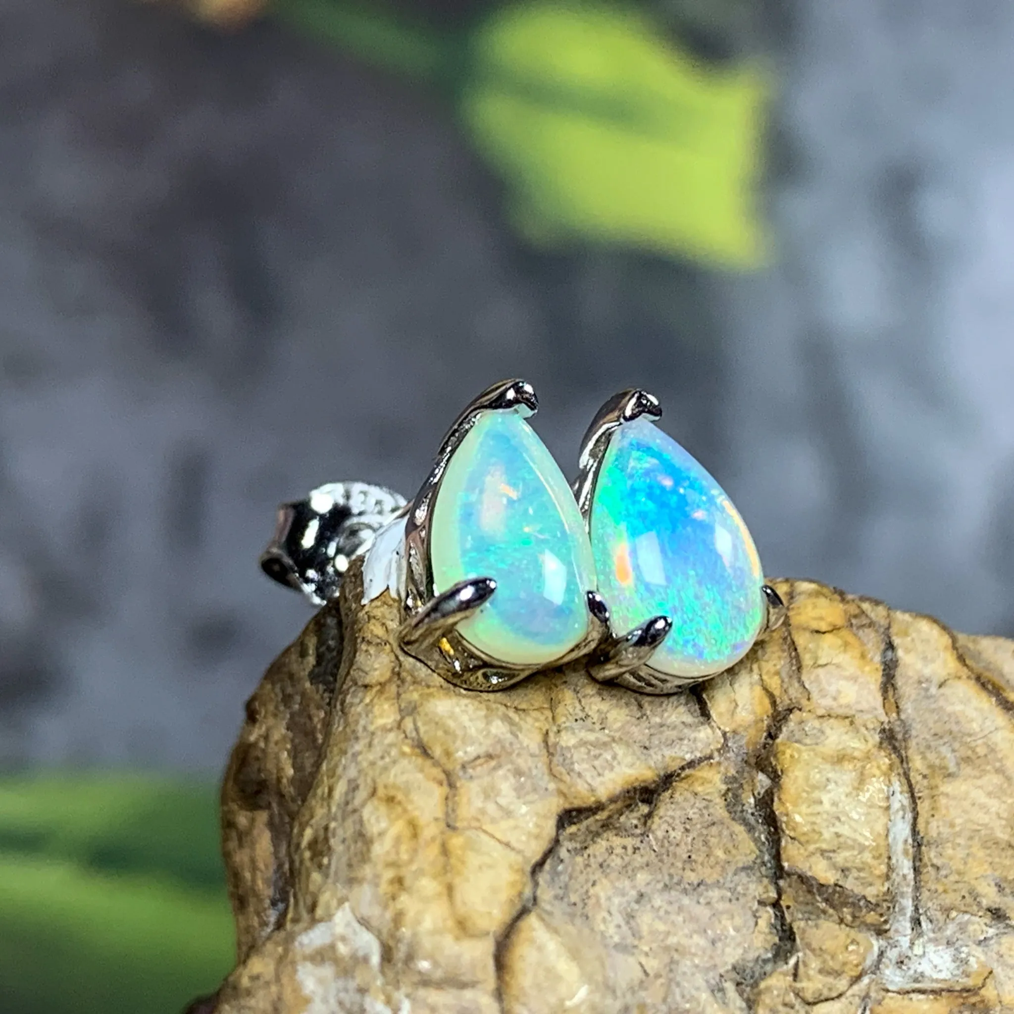 Sterling Silver 8x5mm Pearshape White Opal studs
