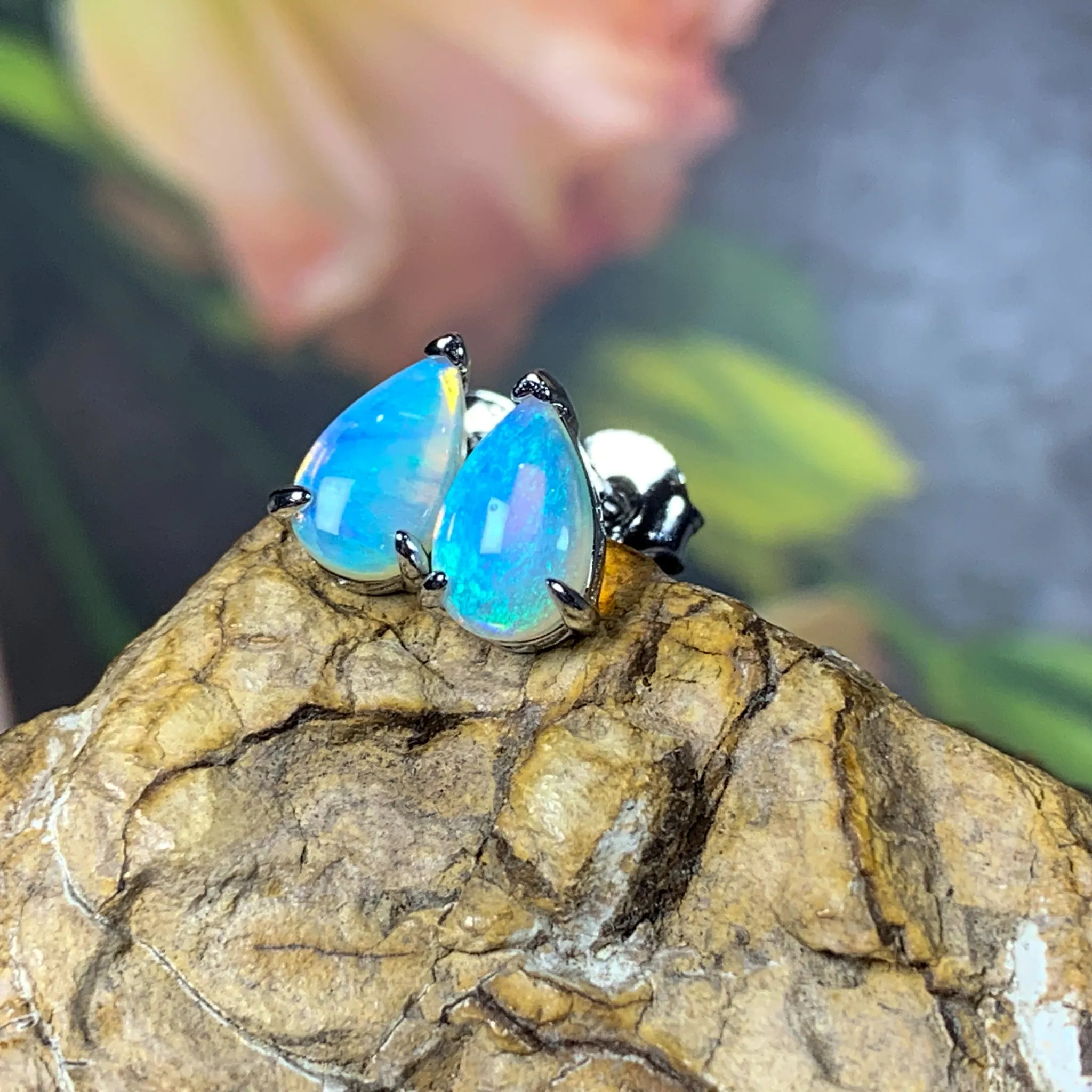 Sterling Silver 8x5mm Pearshape White Opal studs