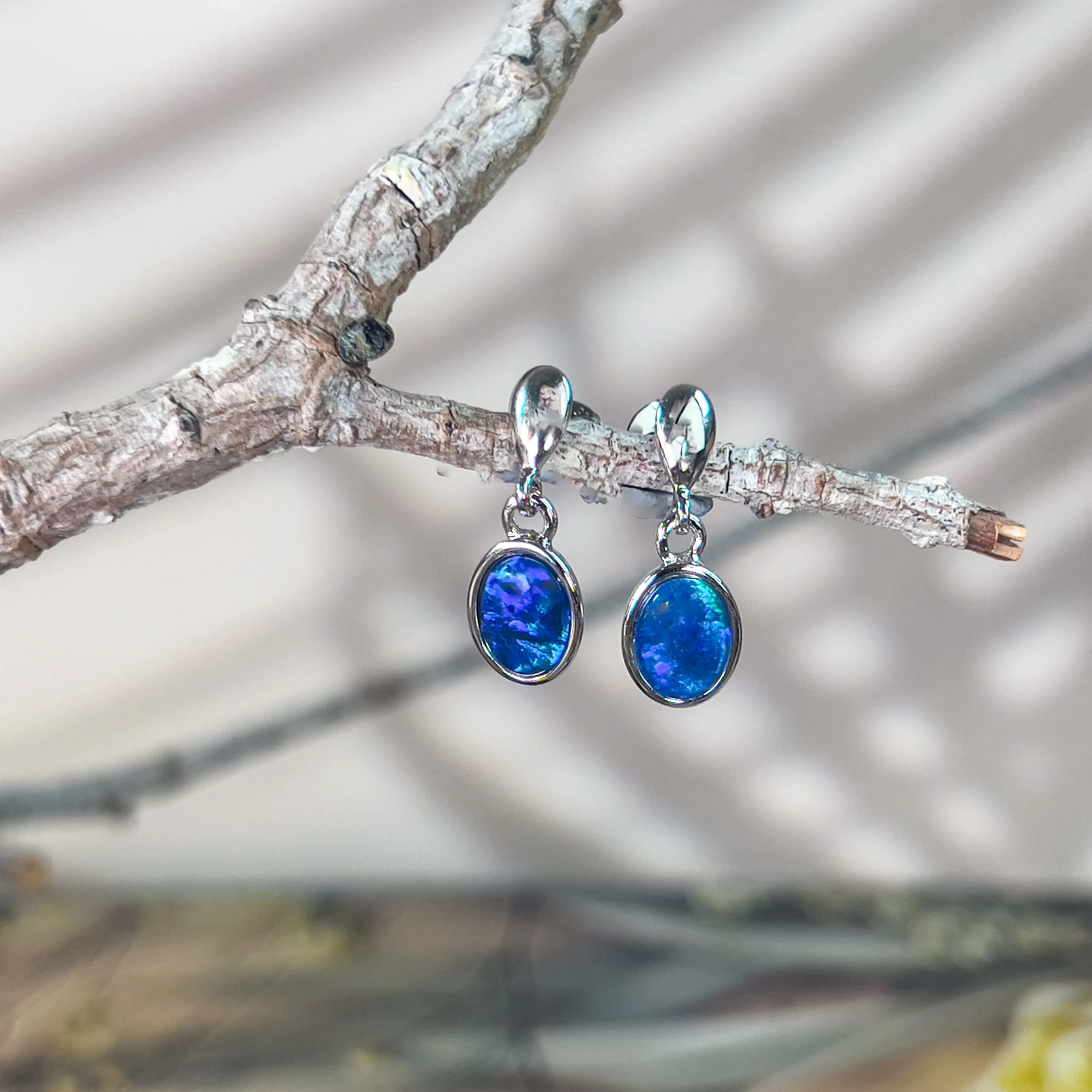 Sterling Silver dangling Oval Opal triplet earrings