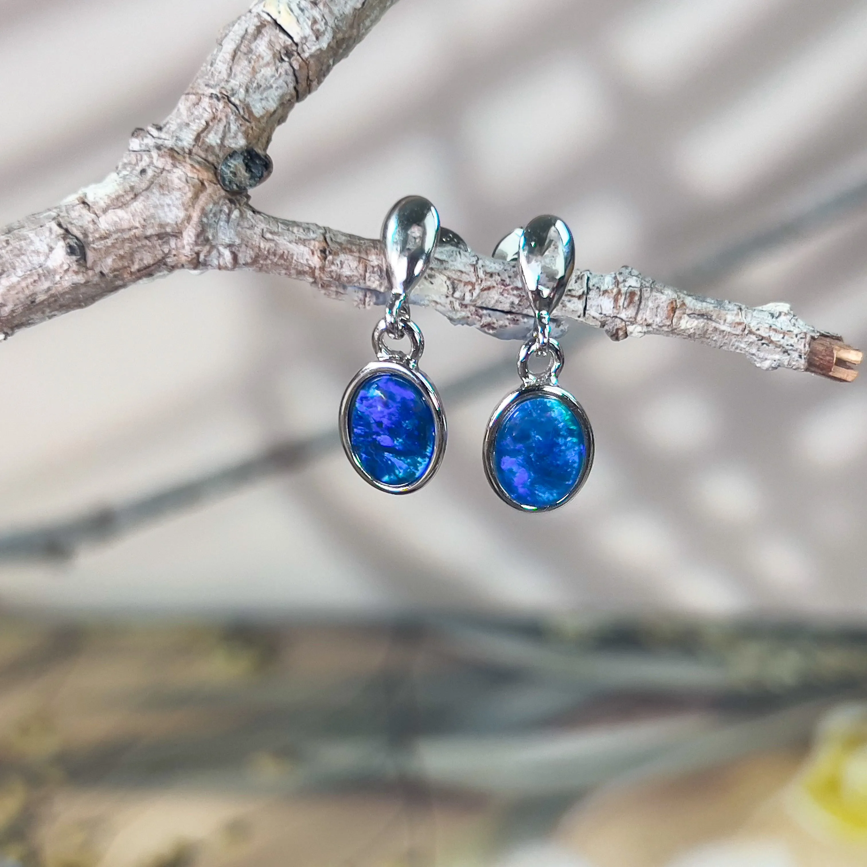 Sterling Silver dangling Oval Opal triplet earrings