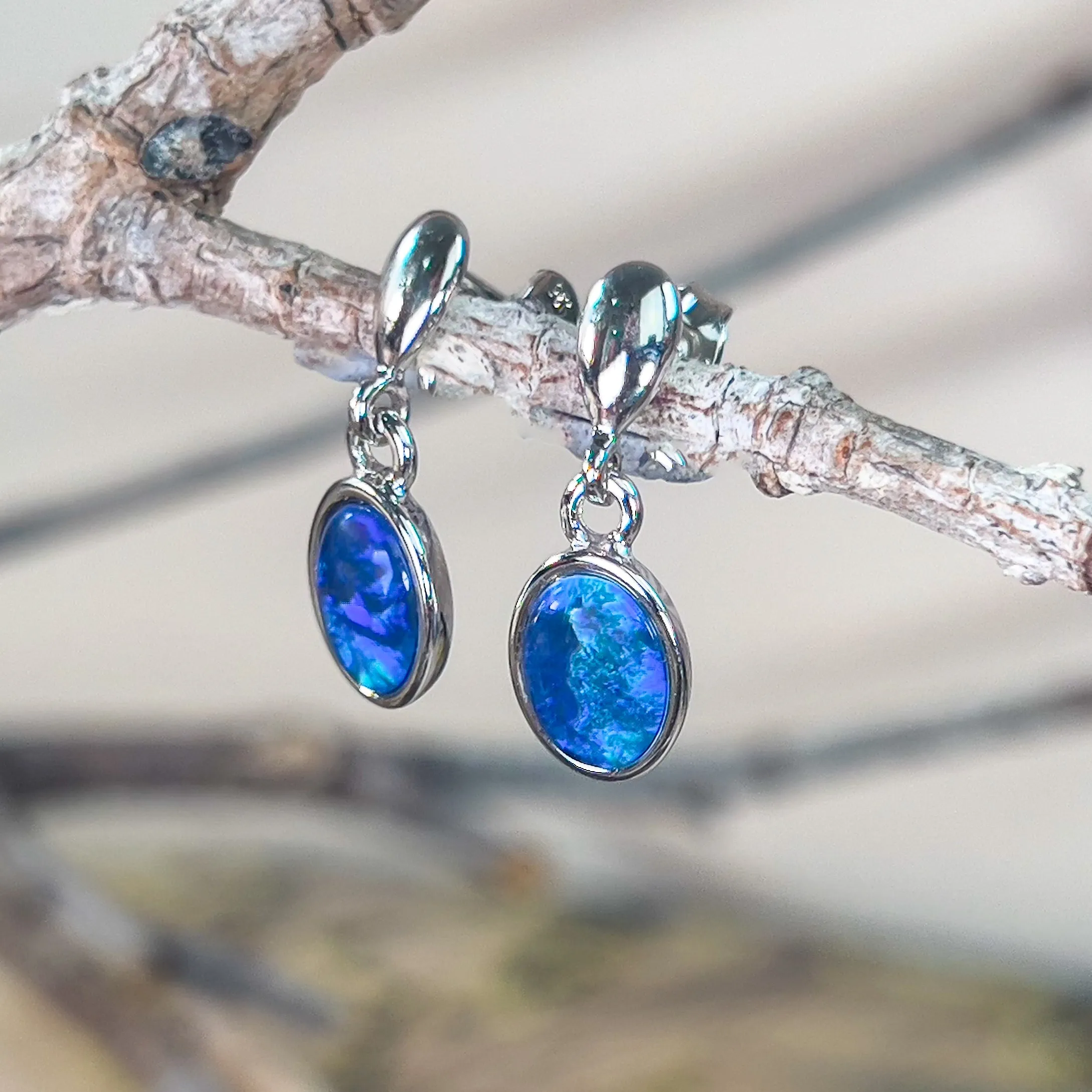 Sterling Silver dangling Oval Opal triplet earrings