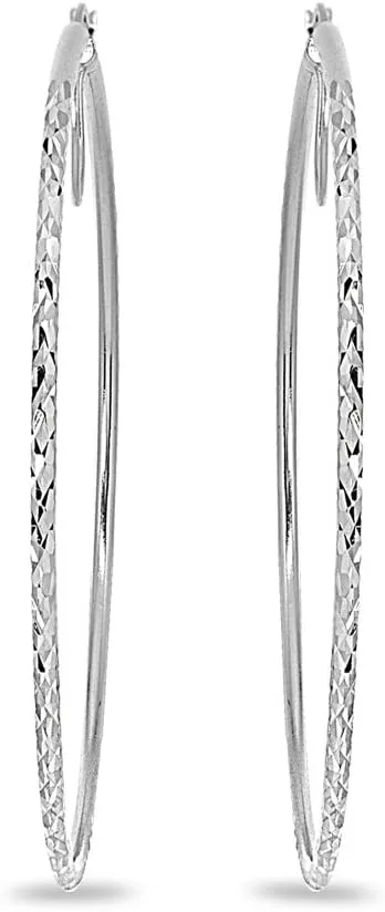 Sterling Silver Diamond-Cut Round Large Hoop Earrings for Women (2x50mm - 70mm Diameter)