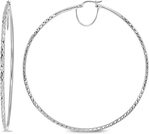 Sterling Silver Diamond-Cut Round Large Hoop Earrings for Women (2x50mm - 70mm Diameter)