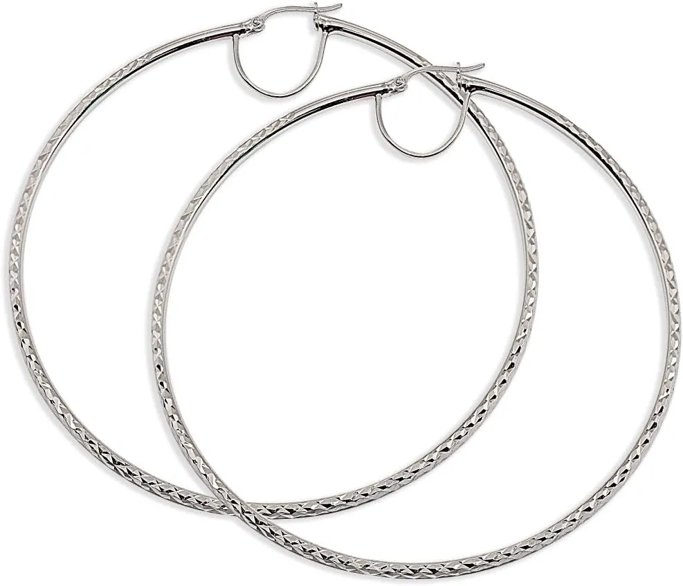 Sterling Silver Diamond-Cut Round Large Hoop Earrings for Women (2x50mm - 70mm Diameter)