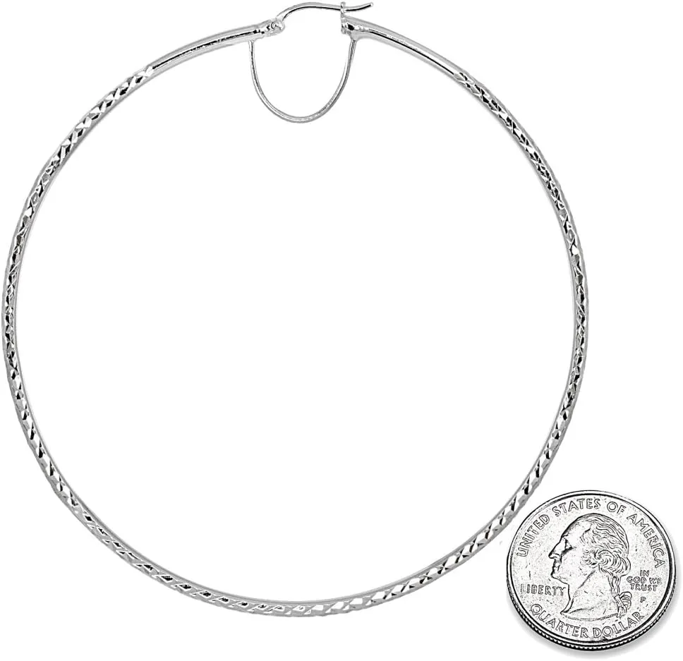Sterling Silver Diamond-Cut Round Large Hoop Earrings for Women (2x50mm - 70mm Diameter)