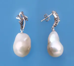 Sterling Silver Earrings with 14-15mm Baroque Shape Freshwater Pearl and Black Spinel