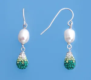 Sterling Silver Earrings with 6-6.5mm Oval Shape Freshwater Pearl and Crystal Ball