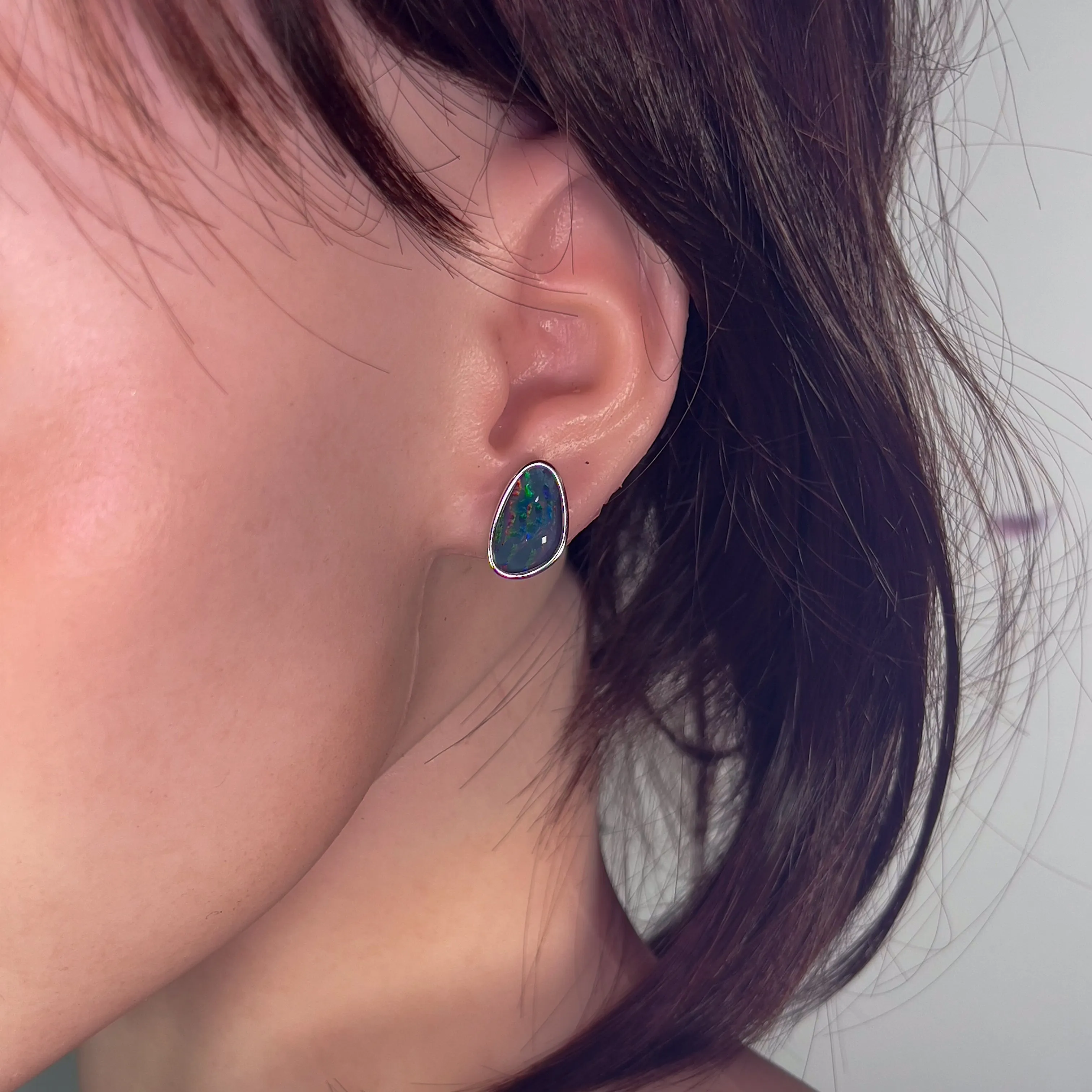 Sterling Silver freeform Red Green Blue Opal triplet large studs