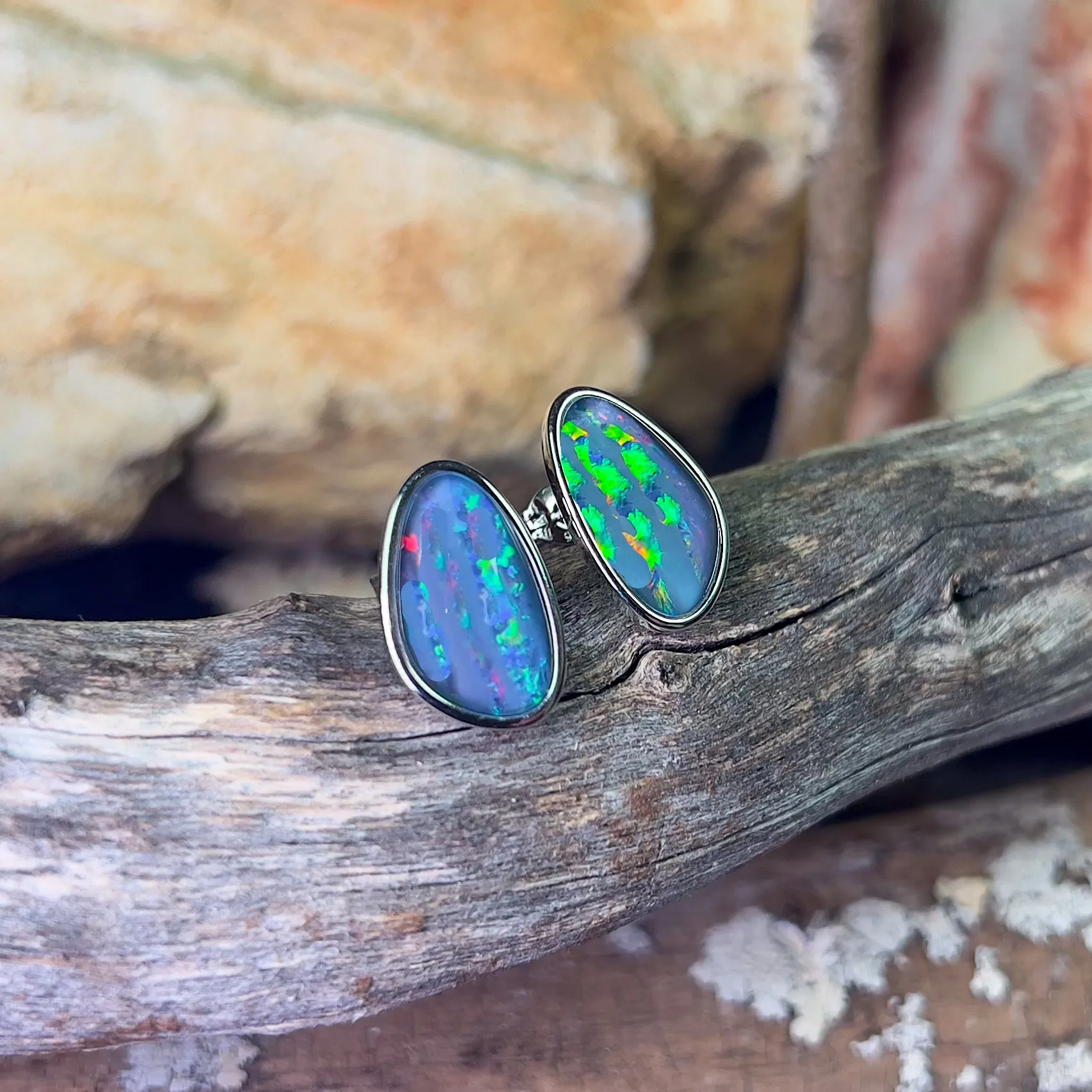Sterling Silver freeform Red Green Blue Opal triplet large studs