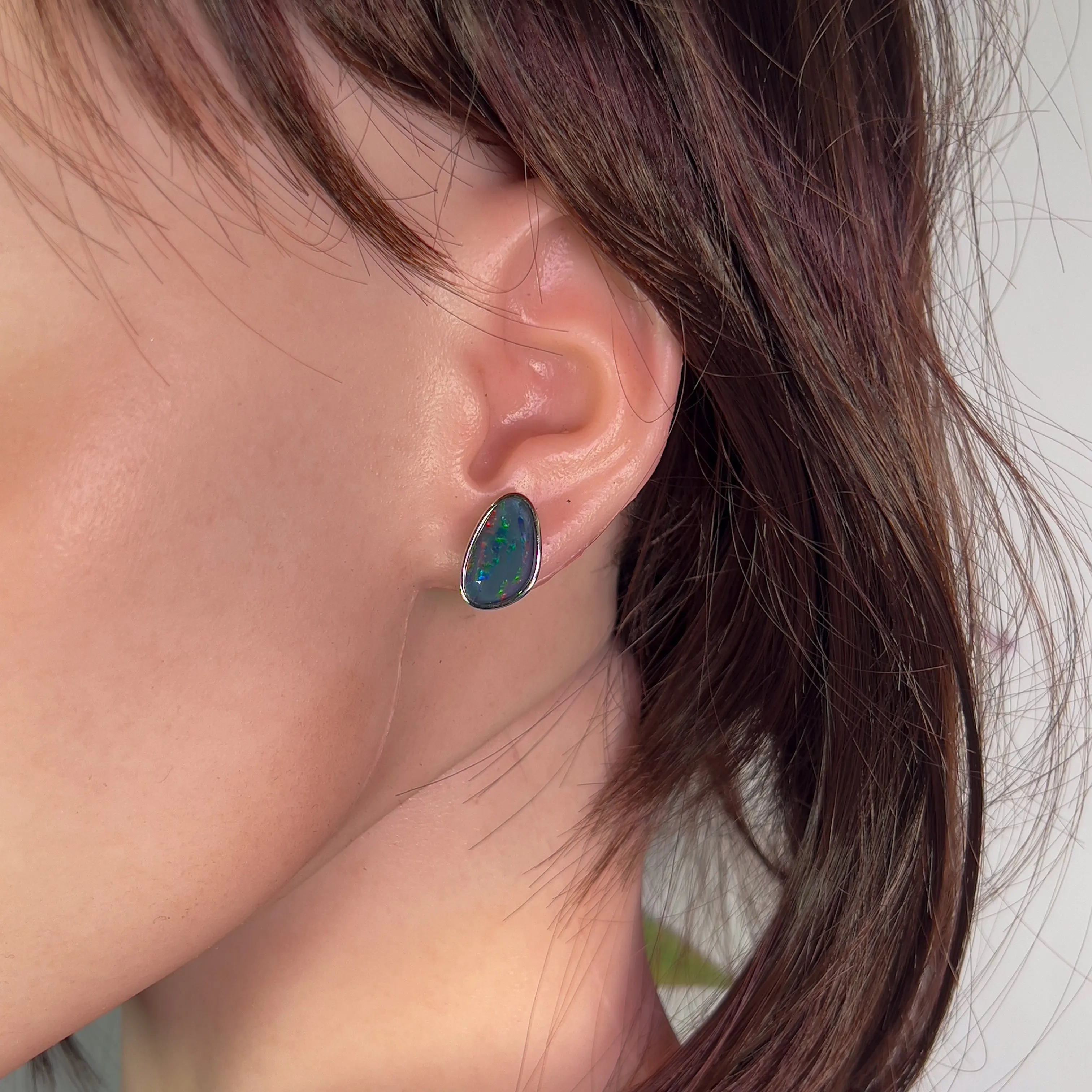 Sterling Silver freeform Red Green Blue Opal triplet large studs