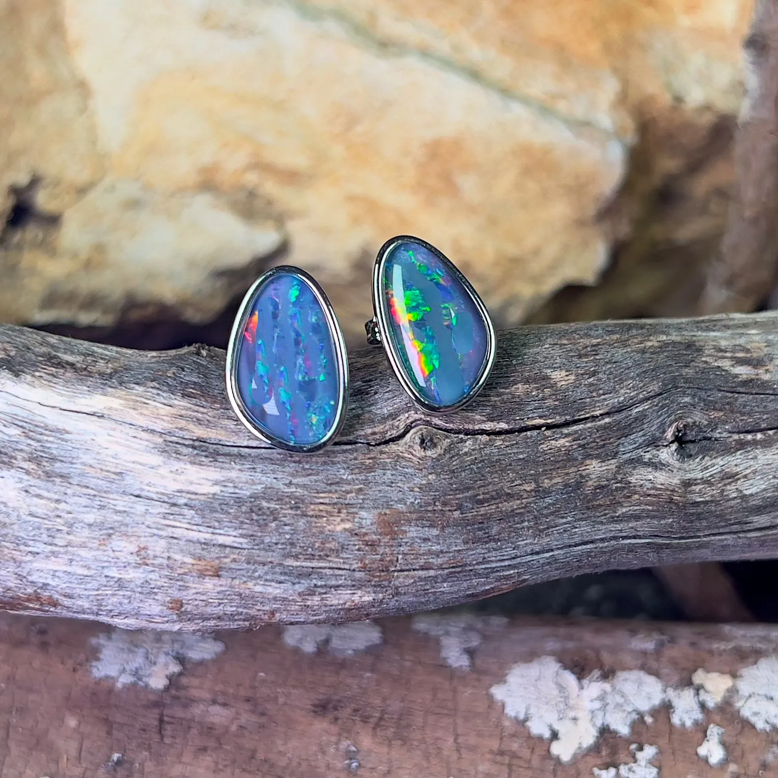Sterling Silver freeform Red Green Blue Opal triplet large studs