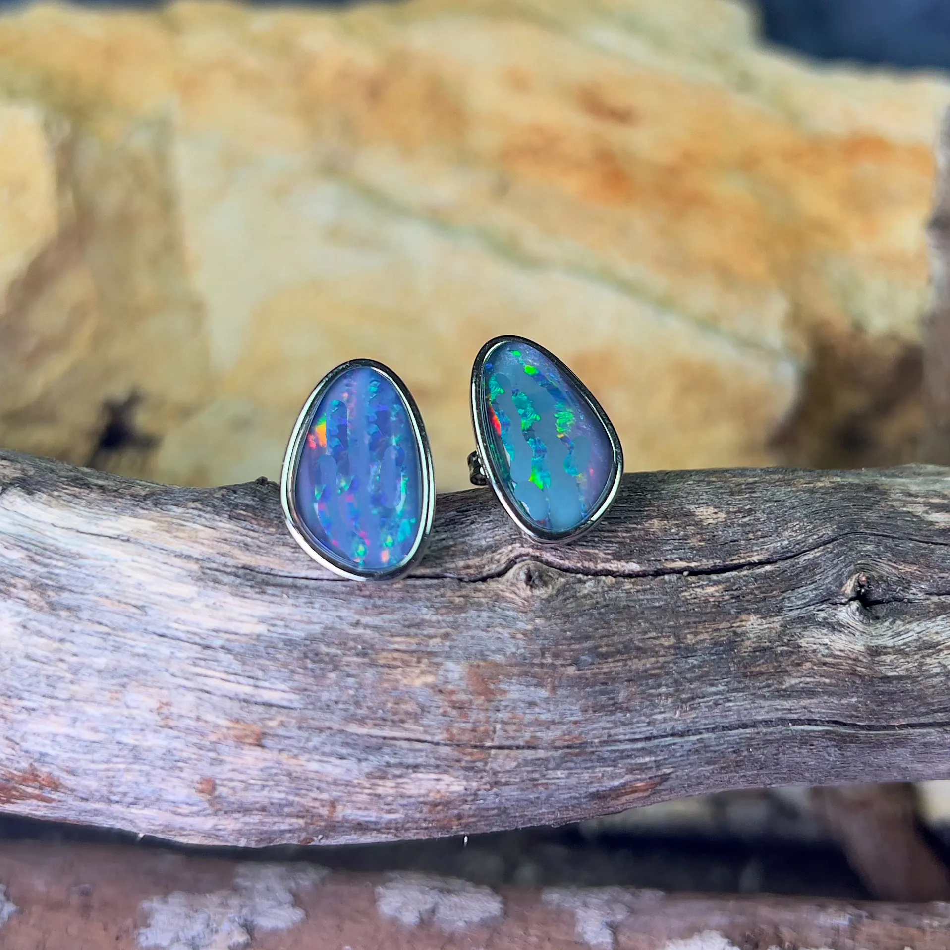 Sterling Silver freeform Red Green Blue Opal triplet large studs