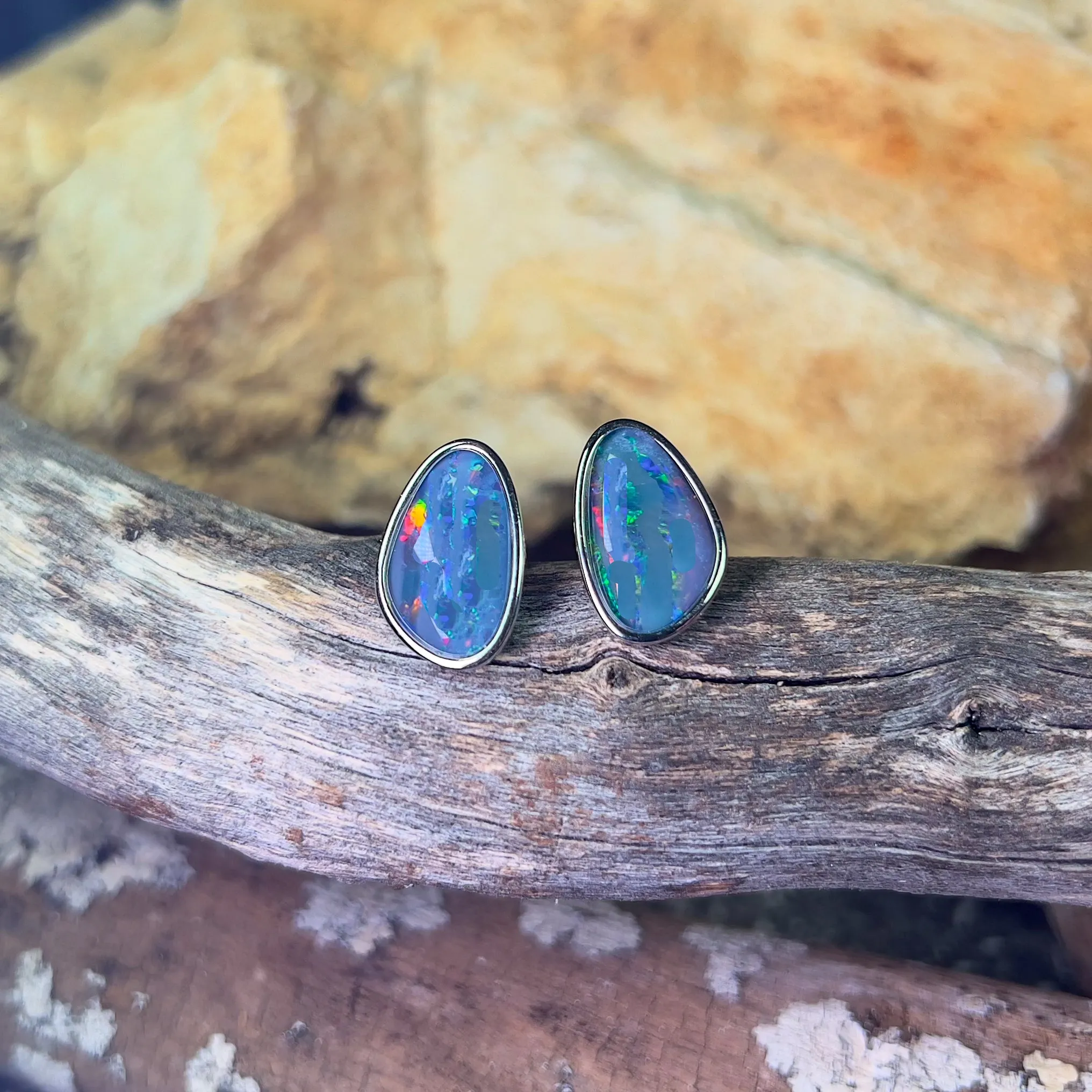 Sterling Silver freeform Red Green Blue Opal triplet large studs