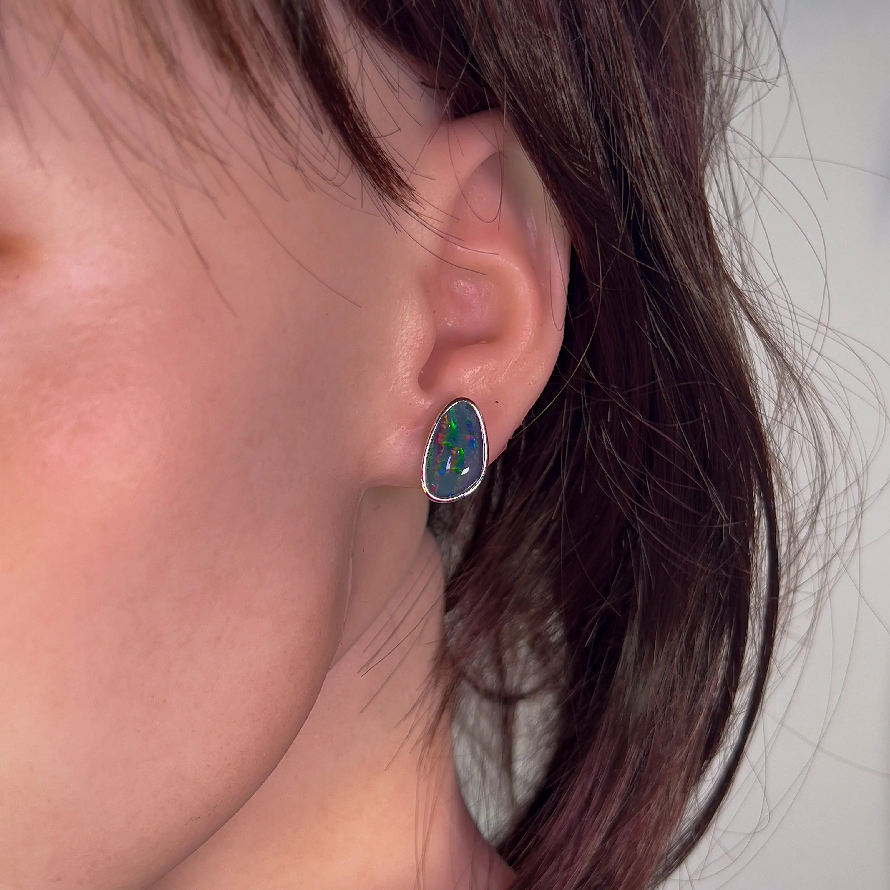 Sterling Silver freeform Red Green Blue Opal triplet large studs