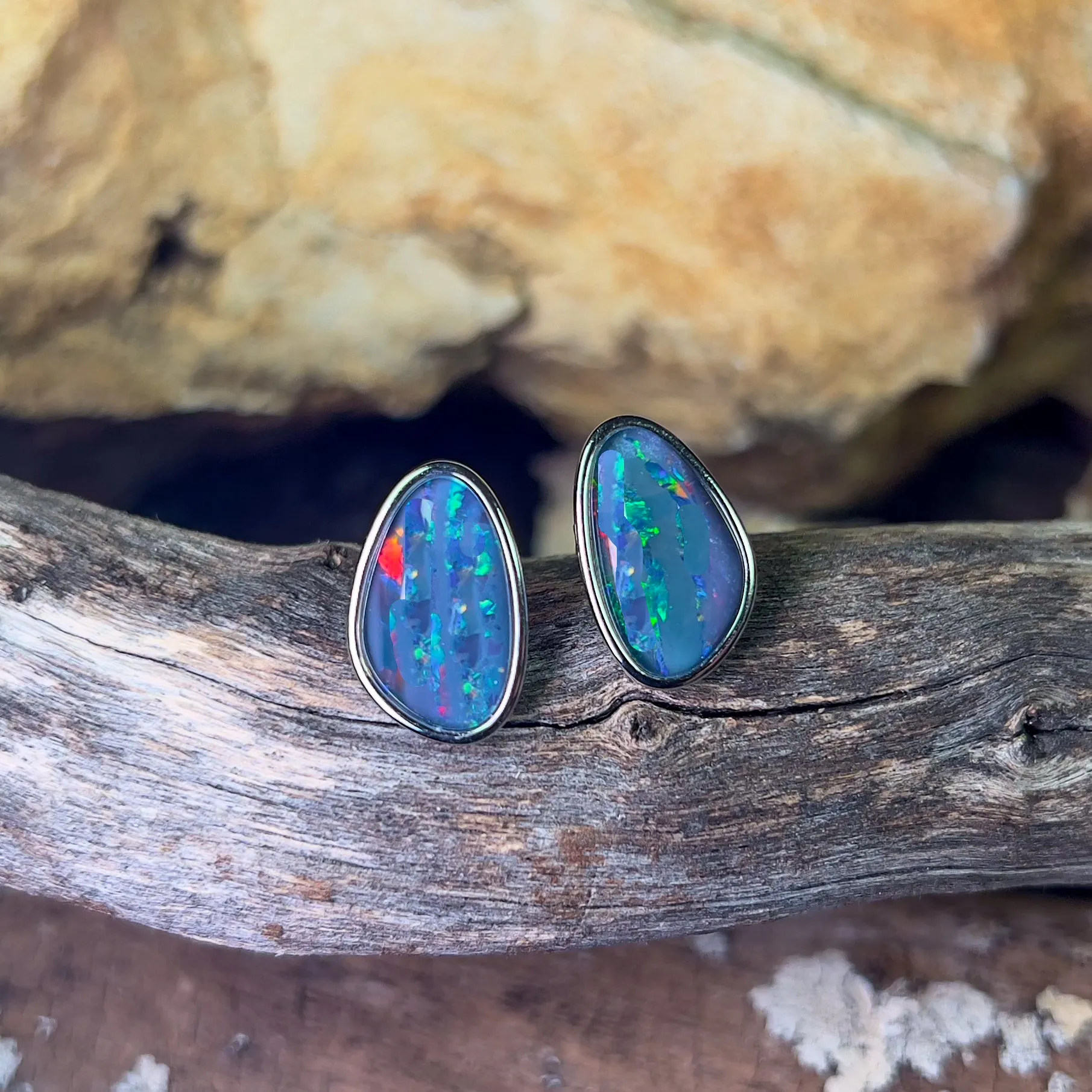 Sterling Silver freeform Red Green Blue Opal triplet large studs