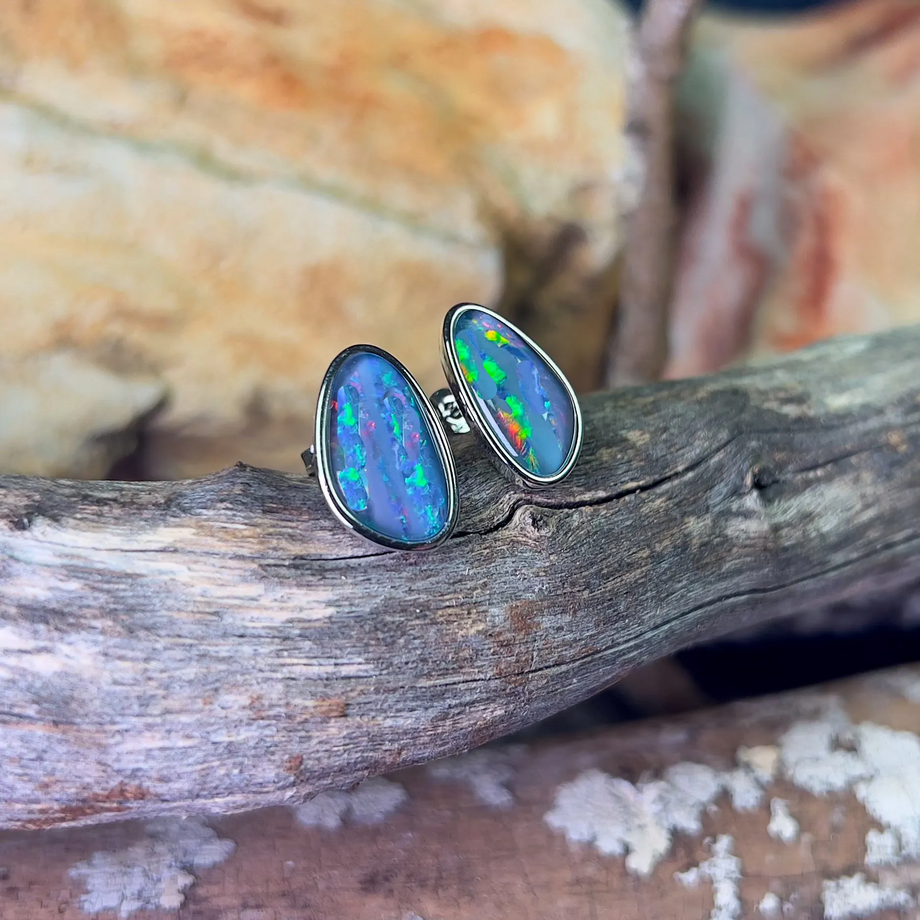 Sterling Silver freeform Red Green Blue Opal triplet large studs