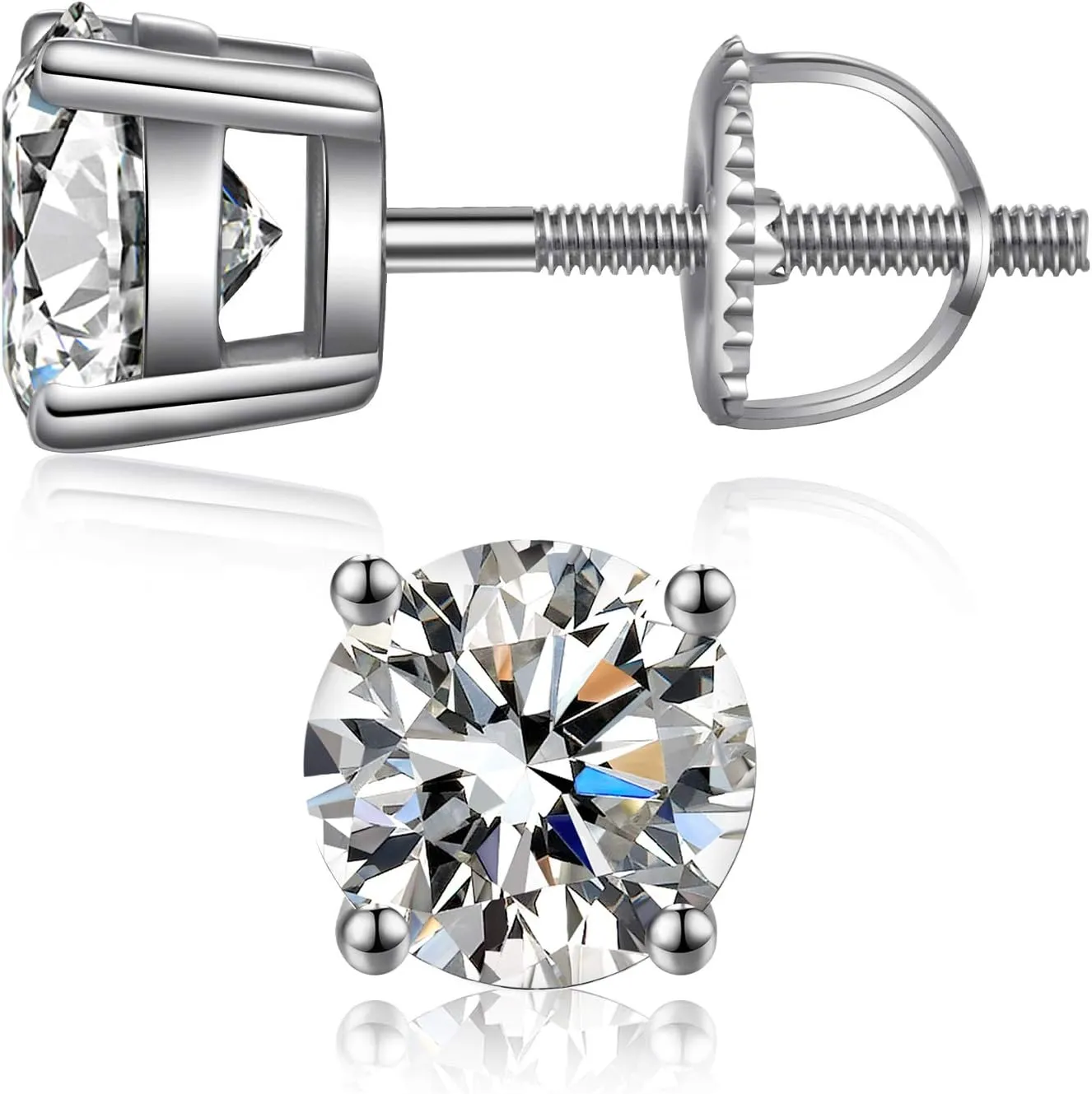 Stud Earrings with Screw Back, 925 Sterling Silver Cubic Zirconia Round Cut/Square Cut Stud Earrings for Women and Men, Long & Thick Post, 4MM-8MM