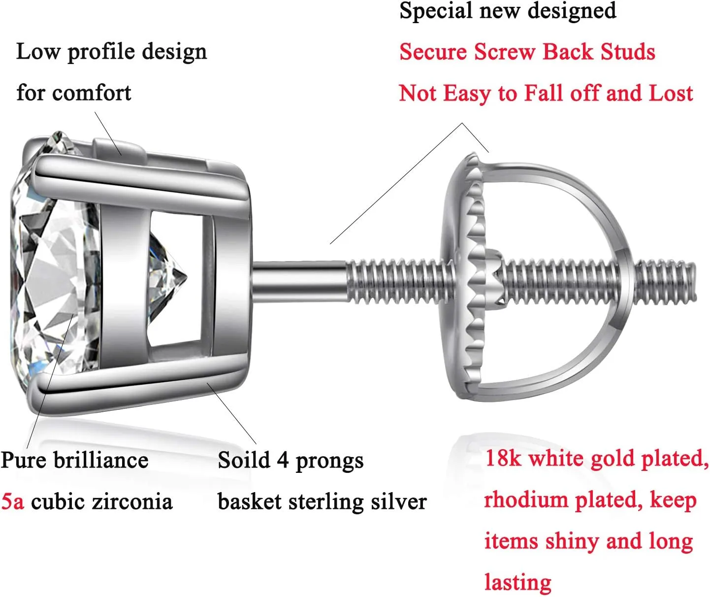 Stud Earrings with Screw Back, 925 Sterling Silver Cubic Zirconia Round Cut/Square Cut Stud Earrings for Women and Men, Long & Thick Post, 4MM-8MM