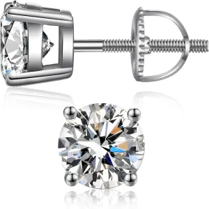 Stud Earrings with Screw Back, 925 Sterling Silver Cubic Zirconia Round Cut/Square Cut Stud Earrings for Women and Men, Long & Thick Post, 4MM-8MM