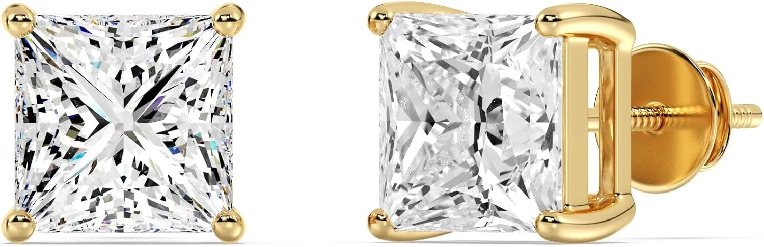 Stunning Princess Cut Lab-Grown Diamond Stud Earrings for Women, 14K Solid Gold, EF Color VS Clarity Lab-Grown Diamond Stud with Screw Back