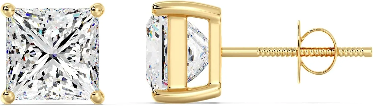 Stunning Princess Cut Lab-Grown Diamond Stud Earrings for Women, 14K Solid Gold, EF Color VS Clarity Lab-Grown Diamond Stud with Screw Back
