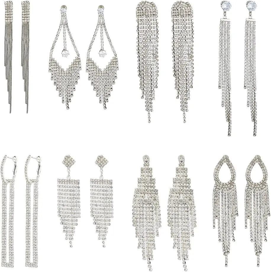 SUPERFINDINGS 8 Style Rhinestone Dangle Stud Earrings Long Crystal Tassel Earrings Chandelier Earrings with Sterling Silver Pins for Woman Wedding Prom Concert Jewelry Gifts
