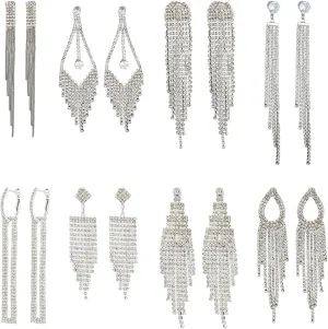 SUPERFINDINGS 8 Style Rhinestone Dangle Stud Earrings Long Crystal Tassel Earrings Chandelier Earrings with Sterling Silver Pins for Woman Wedding Prom Concert Jewelry Gifts