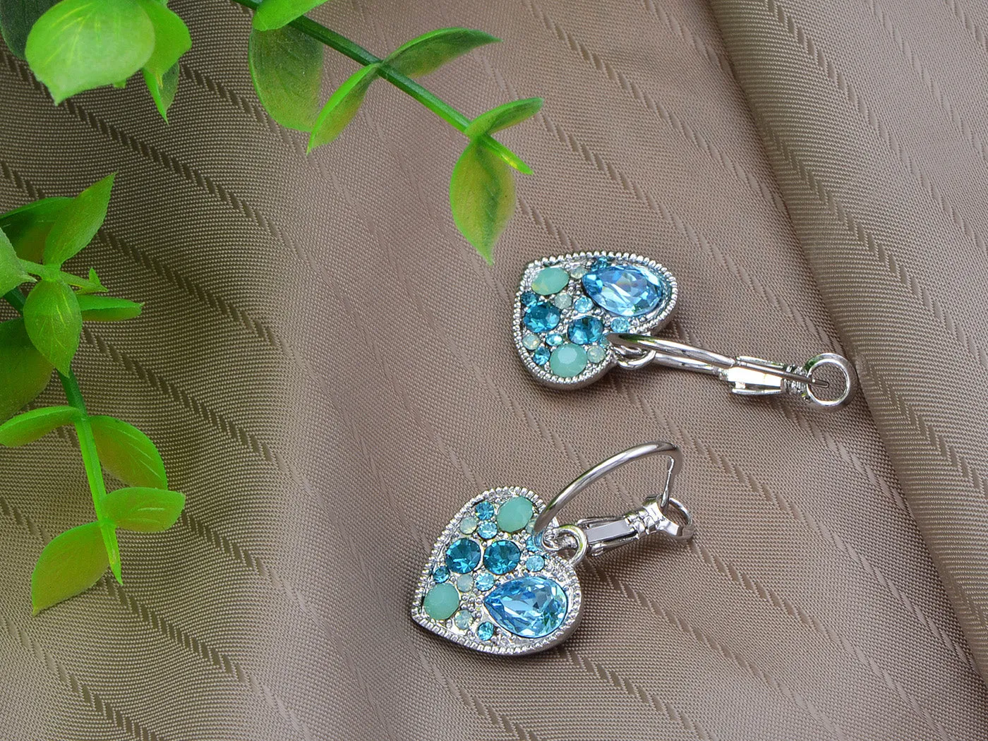 Swarovski Crystal Bright Aquamarine Heart Tiny Drop Jewel Earrings