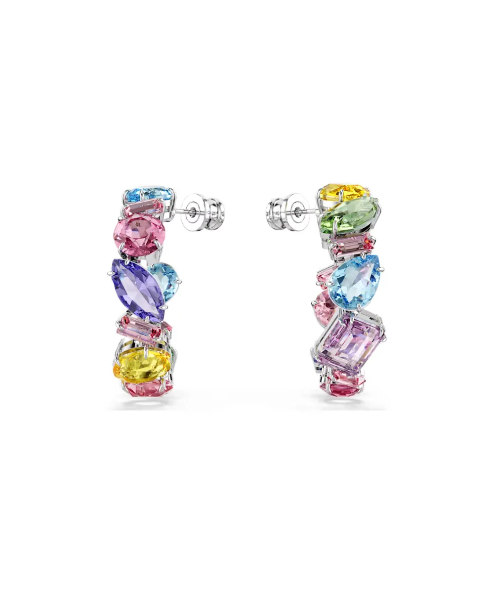 SWAROVSKI GEMA HOOP EARRINGS, ASYMMETRICAL DESIGN, MIXED CUTS,SMALL MULTICOLORED, RHODIUM PLATED