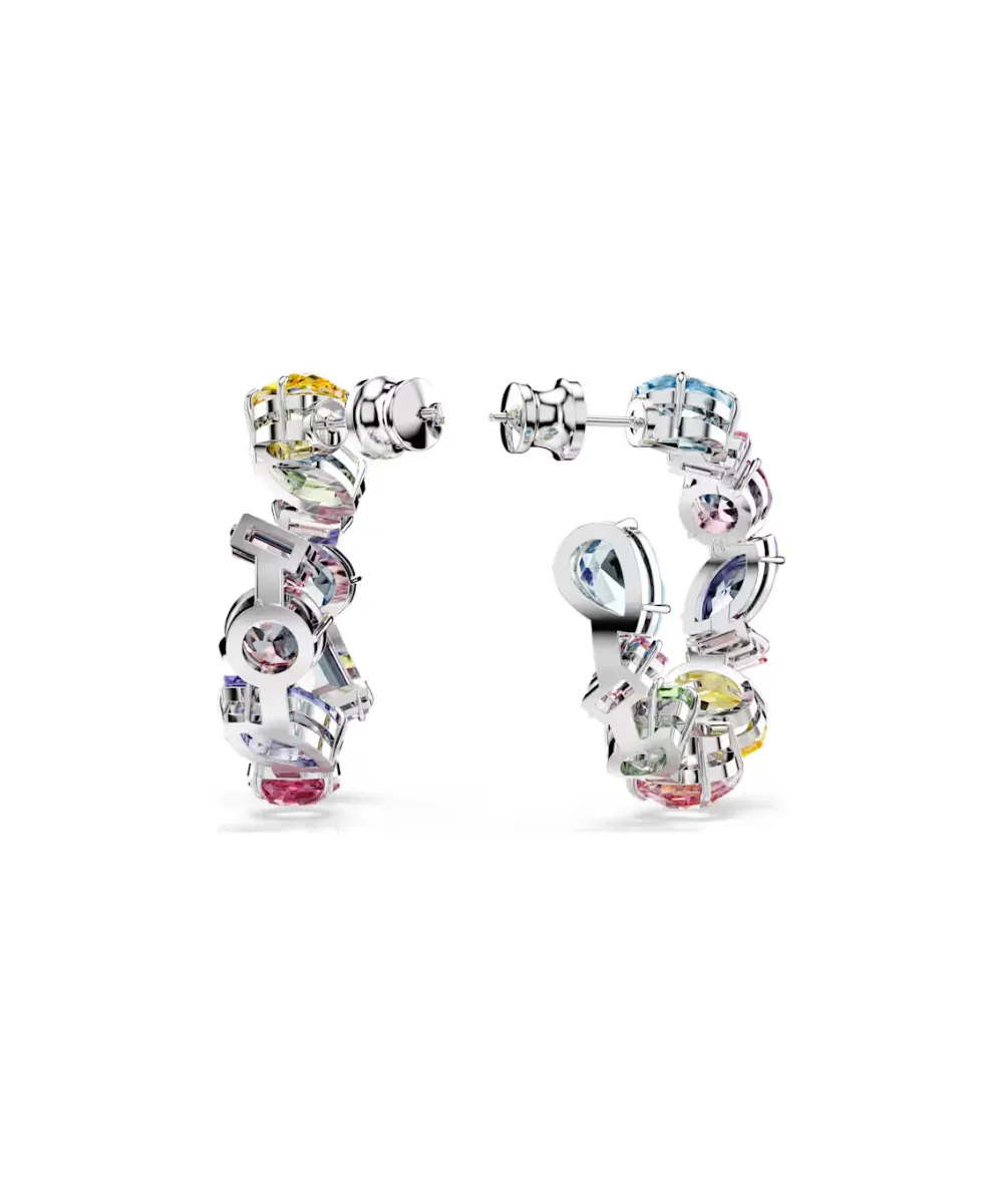 SWAROVSKI GEMA HOOP EARRINGS, ASYMMETRICAL DESIGN, MIXED CUTS,SMALL MULTICOLORED, RHODIUM PLATED