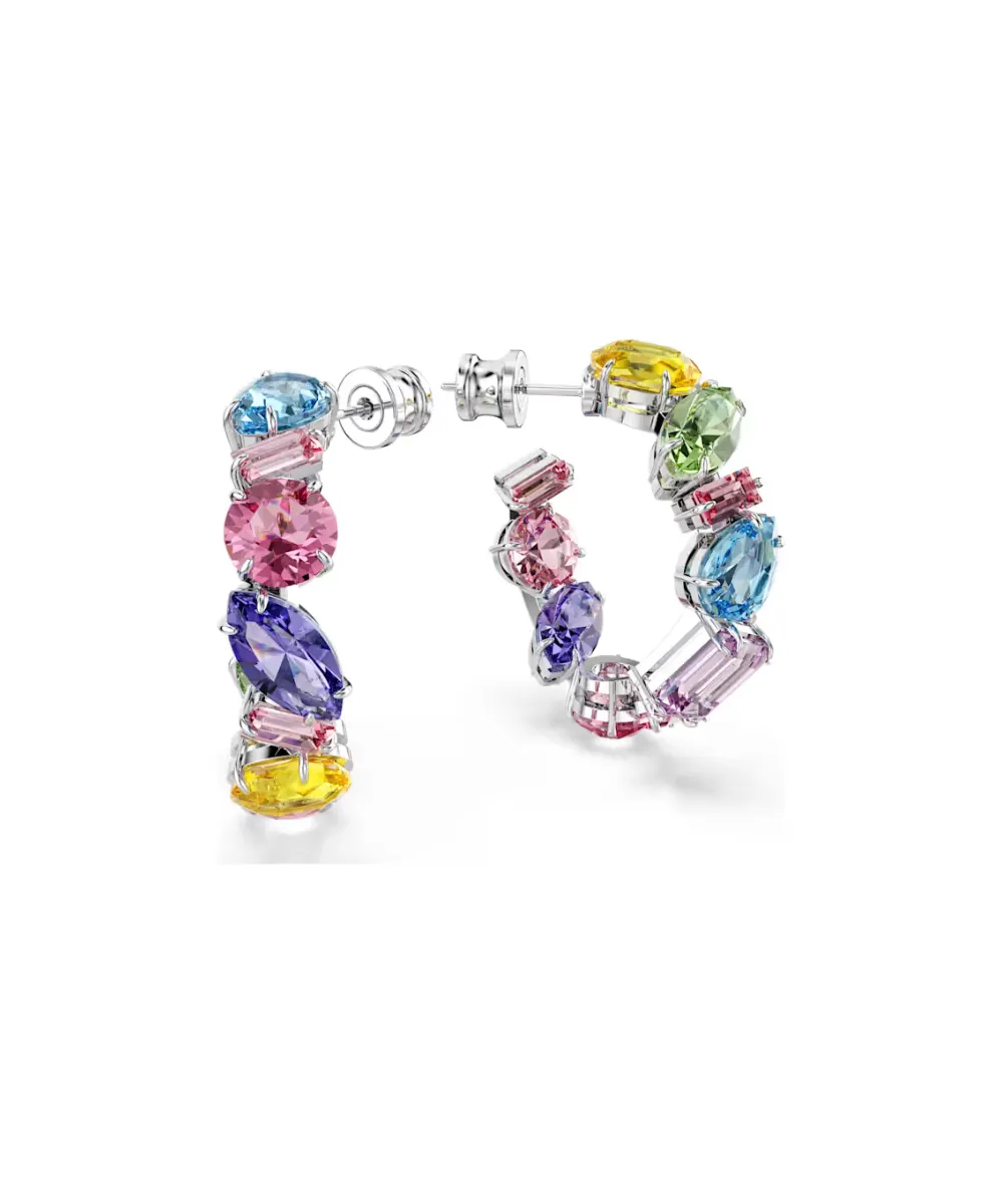 SWAROVSKI GEMA HOOP EARRINGS, ASYMMETRICAL DESIGN, MIXED CUTS,SMALL MULTICOLORED, RHODIUM PLATED