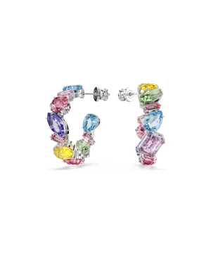 SWAROVSKI GEMA HOOP EARRINGS, ASYMMETRICAL DESIGN, MIXED CUTS,SMALL MULTICOLORED, RHODIUM PLATED