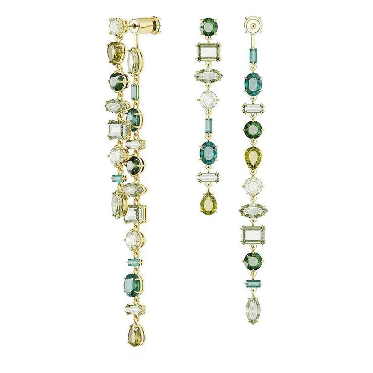 Swarovski Women's Green Asymmetrical design Mixed cuts Long Gold-tone Finish Gema Drop Earrings - 5657390