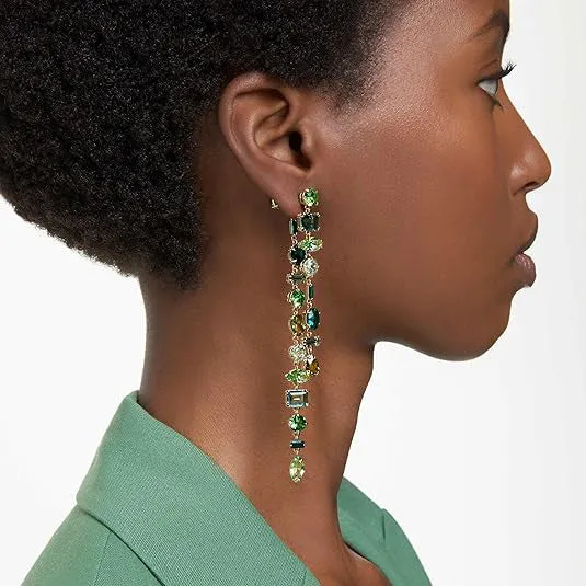 Swarovski Women's Green Asymmetrical design Mixed cuts Long Gold-tone Finish Gema Drop Earrings - 5657390