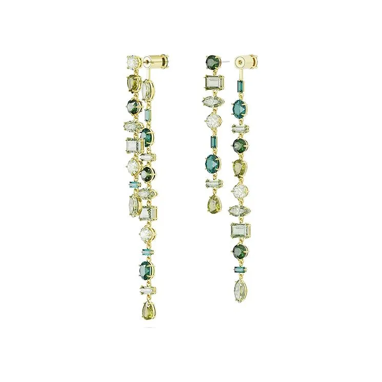 Swarovski Women's Green Asymmetrical design Mixed cuts Long Gold-tone Finish Gema Drop Earrings - 5657390