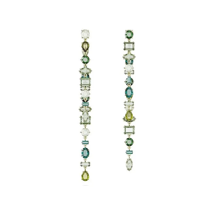Swarovski Women's Green Asymmetrical design Mixed cuts Long Gold-tone Finish Gema Drop Earrings - 5657390
