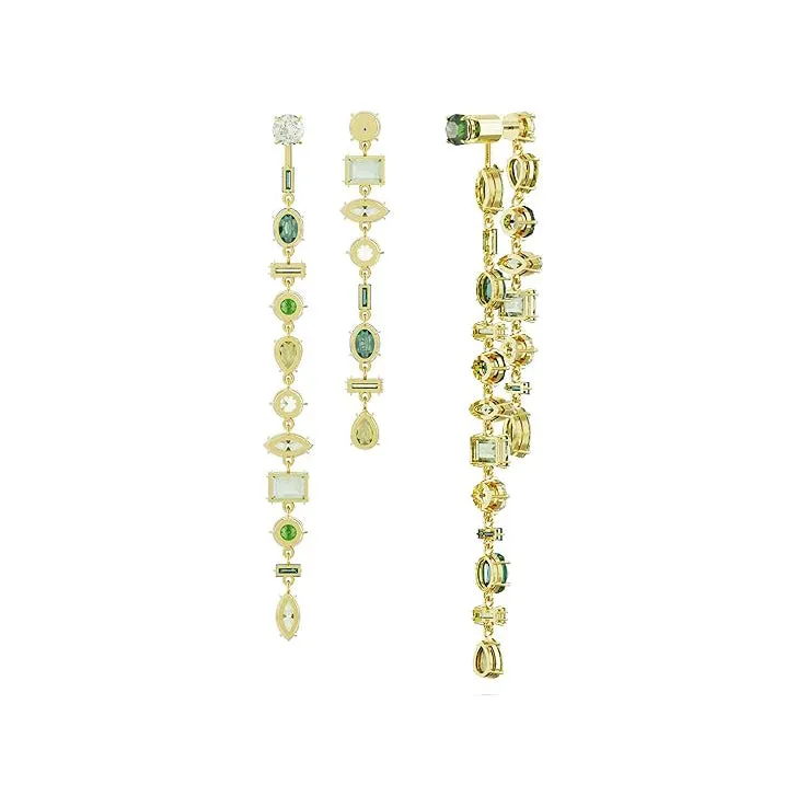 Swarovski Women's Green Asymmetrical design Mixed cuts Long Gold-tone Finish Gema Drop Earrings - 5657390