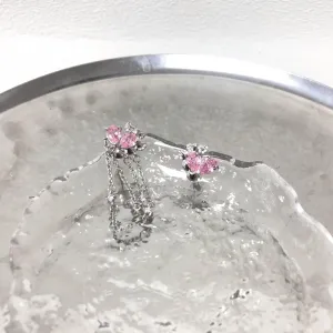 Sweet Cool Style Tassel Love Heart Pink Zircon Stud Earrings Minimalist Asymmetrical Earrings 925 Silver Needle Gift for Women